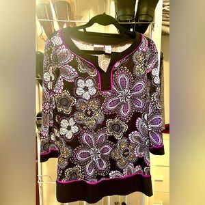 Women’s Kim Rogers Tunic Top Blouse, Size L, Black & Purple Large Floral Print